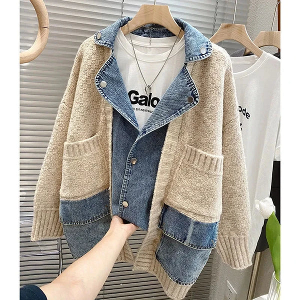 New Autumn Winter Women Splicing Denim Jacket Women Long Sleeve Jean Jackets Female Loose Sweater Cardigan Jacket