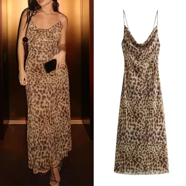 Leopard Print Women's Dress Tulle Backless Slip Dress Sexy Summer Holiday Midi Party Dress 2024 Vintage Style