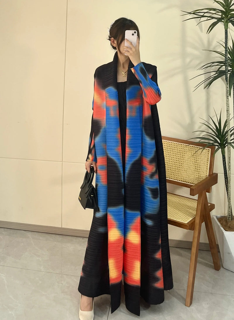 Elegant Long Trench Coat with Pleats Spring Summer 2024 New Fashionable Robe Jacket Cape Print Impassive Eye Catching Keep Short