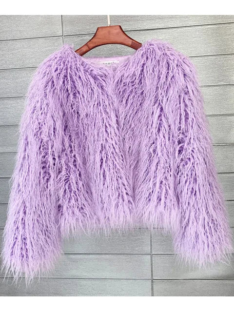 Elegant Women's Pink Faux Fur Coat for Autumn Winter Thick Warm Fashion Jacket