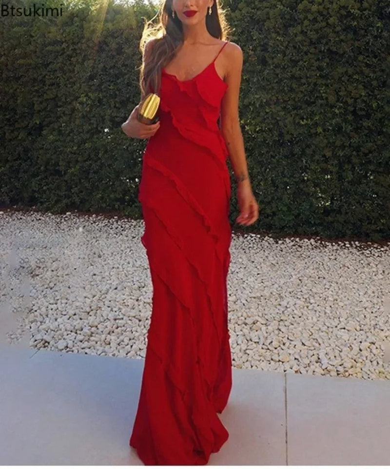 Women's Ruffles Chiffon Maxi Dresses Backlesss Split Sexy Porm Dress Red Long Summer Wedding Party Dress Elegant Vestidos