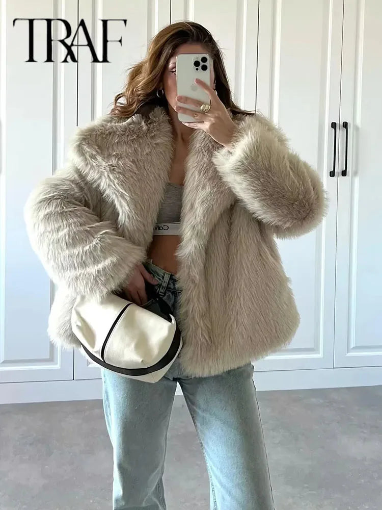 Traf Sequin Woven Metal Color Jacket for Women Loose Stand Collar Long Sleeve Chic Autumn Winter Outerwear