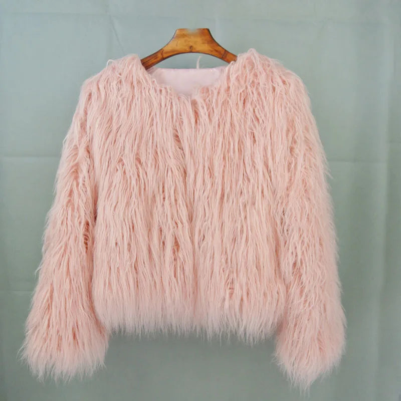 Elegant Women's Pink Faux Fur Coat for Autumn Winter Thick Warm Fashion Jacket