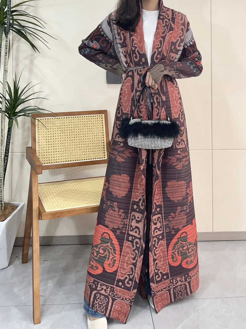 Elegant Long Trench Coat with Pleats Spring Summer 2024 New Fashionable Robe Jacket Cape Print Impassive Eye Catching Keep Short