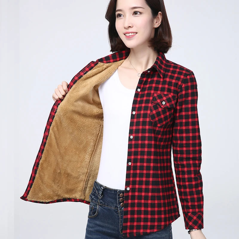 Winter New Plus Thick Women's Warm Plaid Shirt Coat Lady Casual Fleece Velvet Jacket Tops Hot Women Clothes Outerwear