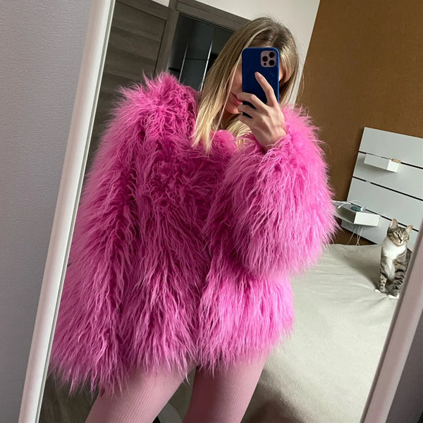 Elegant Women's Pink Faux Fur Coat for Autumn Winter Thick Warm Fashion Jacket