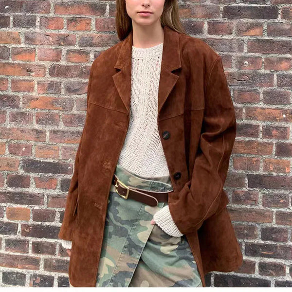 Vintage Brown Kid Suede Jacket for Women 2023 New High Sense Loose Oversized Leather Suit Blazer Female Casual Coat Streetwear