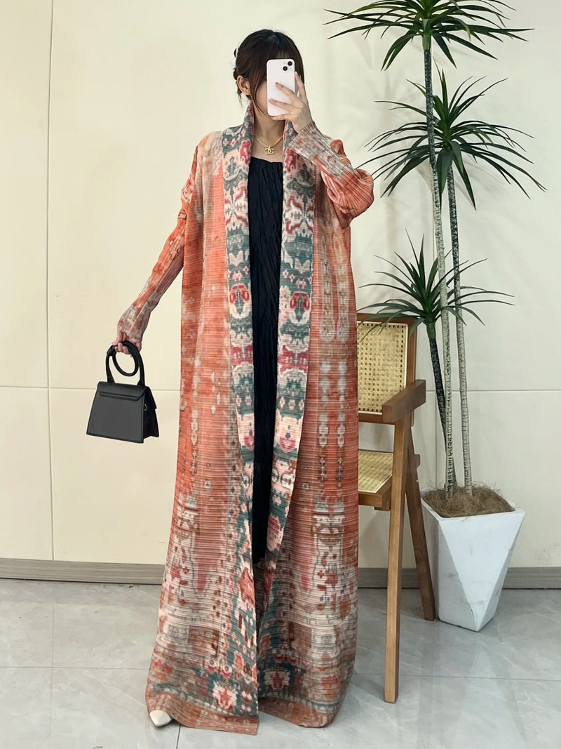 Elegant Long Trench Coat with Pleats Spring Summer 2024 New Fashionable Robe Jacket Cape Print Impassive Eye Catching Keep Short