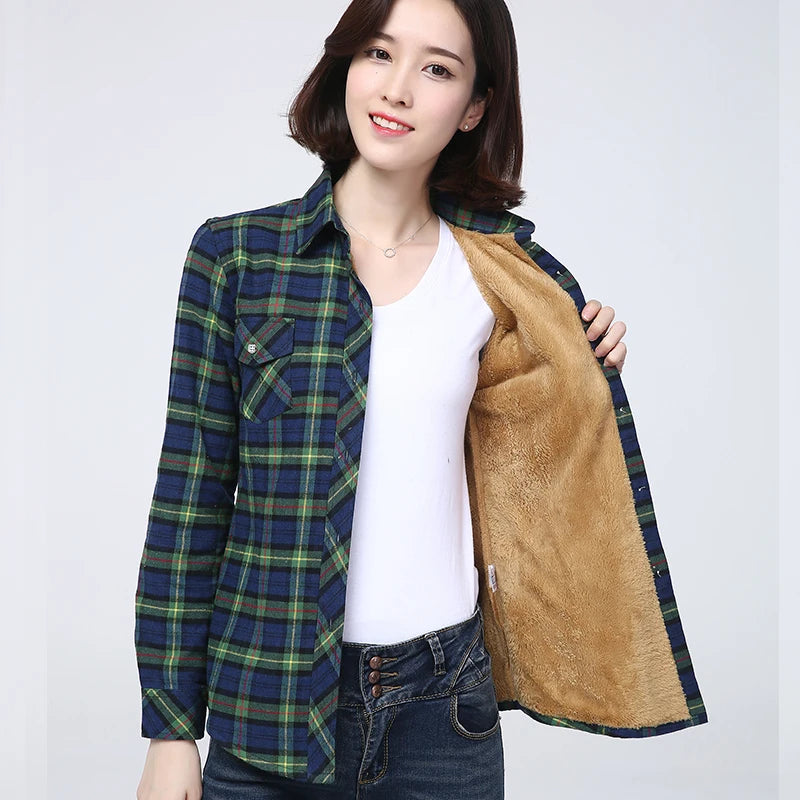 Winter New Plus Thick Women's Warm Plaid Shirt Coat Lady Casual Fleece Velvet Jacket Tops Hot Women Clothes Outerwear