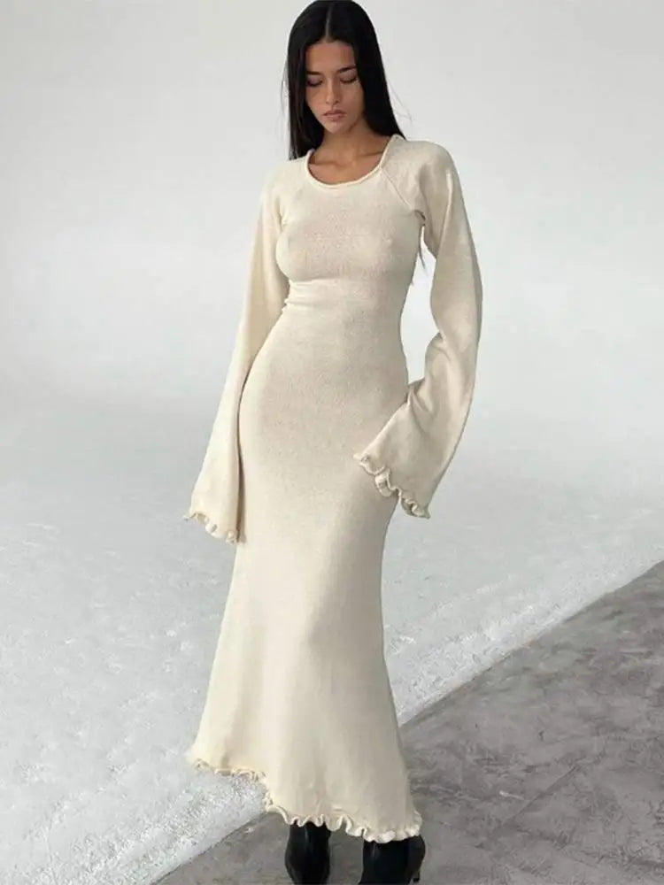 Women Elegant Ruffle Hem Knit White Long Dress O-neck Flare Long Sleeve Backless Bandage Dresses 2024 New Evening Party Robes