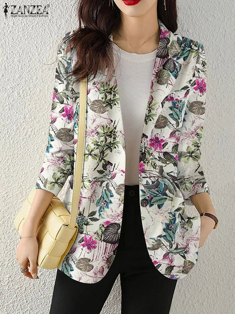 Women Autumn Blazer Retro Printed Coats Casual Long Sleeve Floral Outerwear ZANZEA Female Single Button Lapel Jackets Oversize