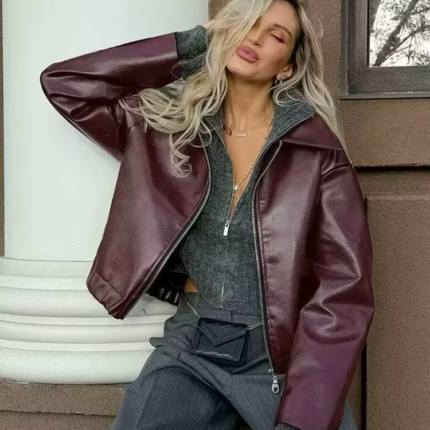 Wine Red Faux Leather Jacket 2